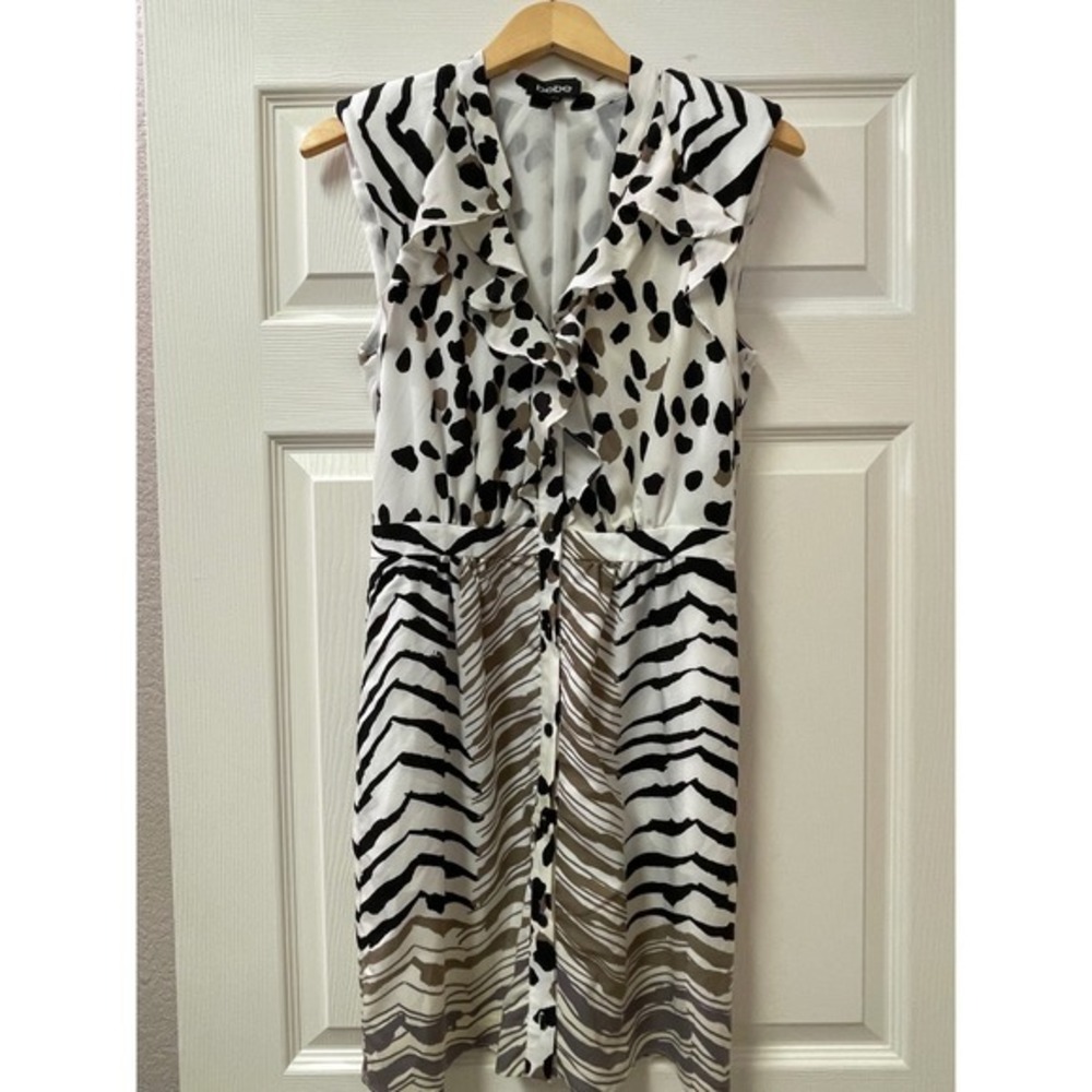 Bebe Ruffle Front Animal Print‎ Dress Size Small Zebra Leopard Mixed Print - Picture 4 of 17